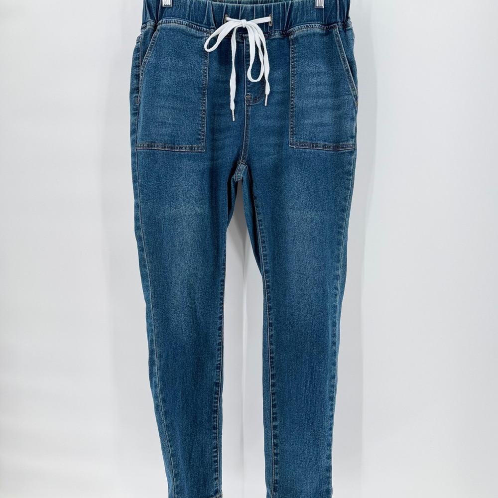 BLOOMCHIC High Waisted Elastic Waist Drawstring Denim Joggers Jeans Medium Wash
